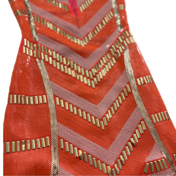 Bebe Neon Coral Sequin Bodycon Mini Dress Size Small Cocktail Dress - Picture 5 of 11